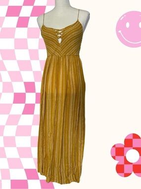 Forever 21 Mustard Striped Lace-Up Spaghetti Strap Maxi Dress